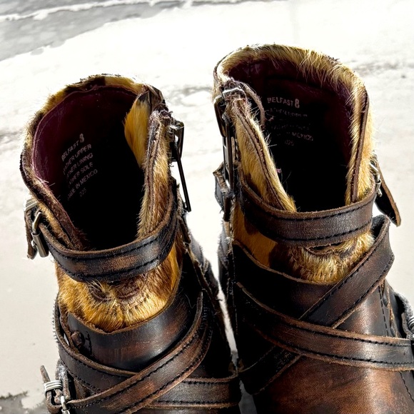 FREEBIRD 🤎 Belfast Distressed Brown All Leather Leopard Calf Hair Ankle Booties - Picture 9 of 16